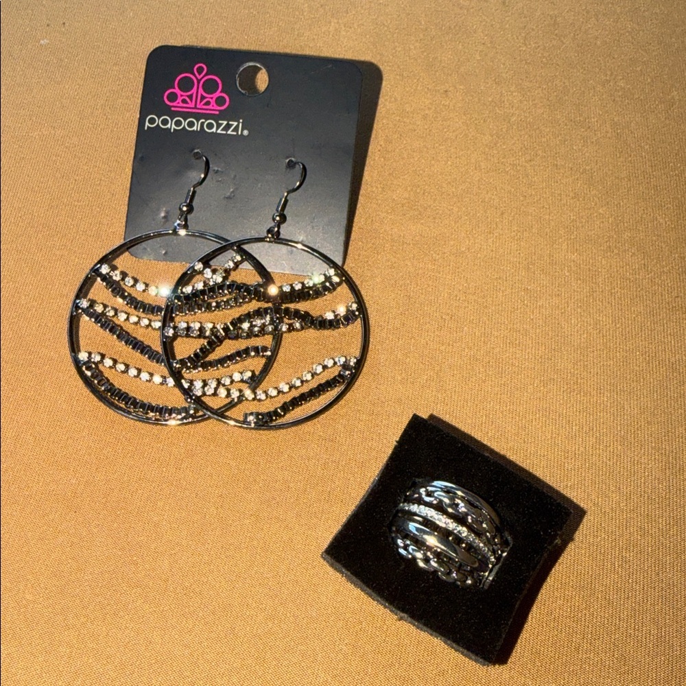 Paparazzi Black,Silver Striped Hoop Earrings with multi layered silver ring.